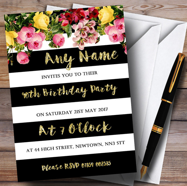 Pink Floral Black White Gold 90th Personalised Birthday Party Invitations