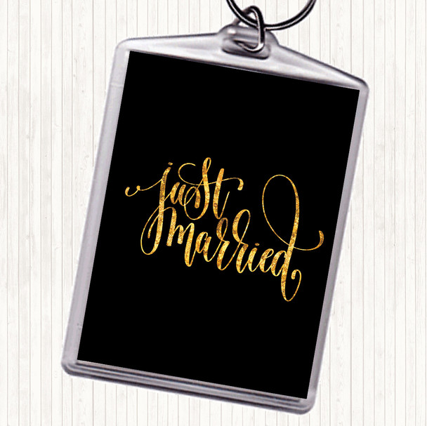 Black Gold Just Married Swirl Quote Bag Tag Keychain Keyring