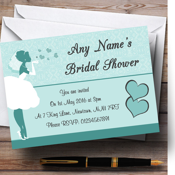 Turquoise Aqua Bride Hearts Personalised Bridal Shower Party Invitations