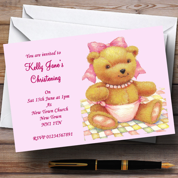Pink Baby Girl Teddy Christening Personalised Party Invitations