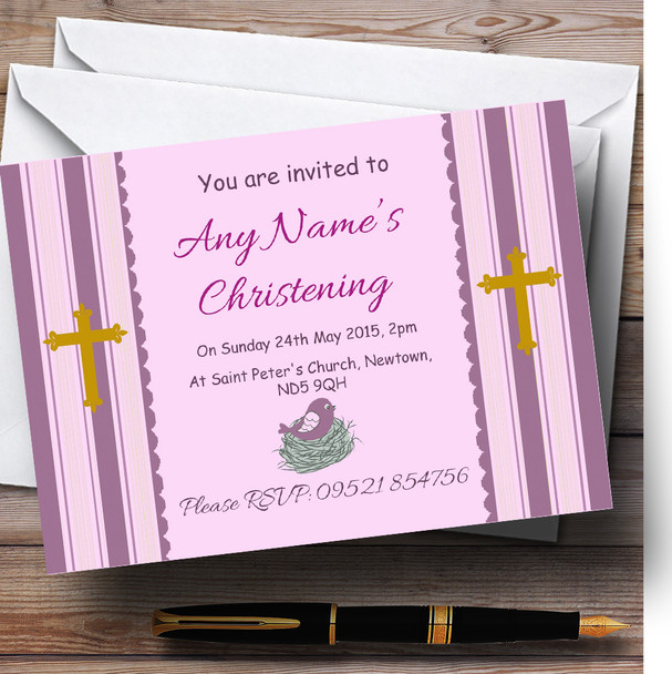 Birds In Nest Girl Christening Party Personalised Invitations