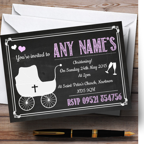 Chalkboard Pink Christening Party Personalised Invitations