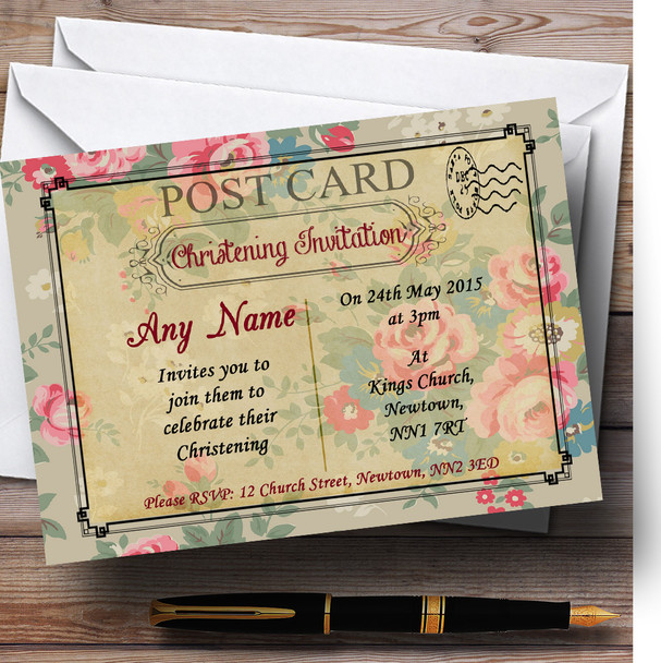 Floral Vintage Paris Shabby Chic Postcard Christening Party Personalised Invitations