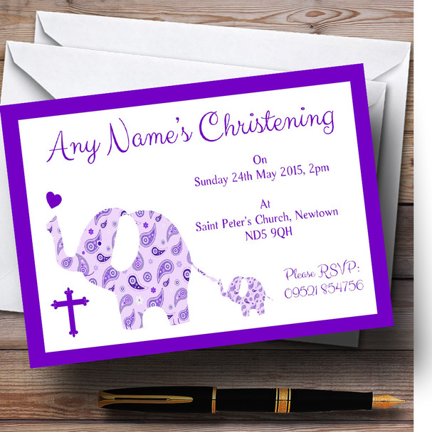 Lilac Elephants Christening Party Personalised Invitations