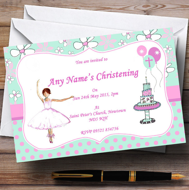 Pretty Ballet Ballerina Christening Party Personalised Invitations