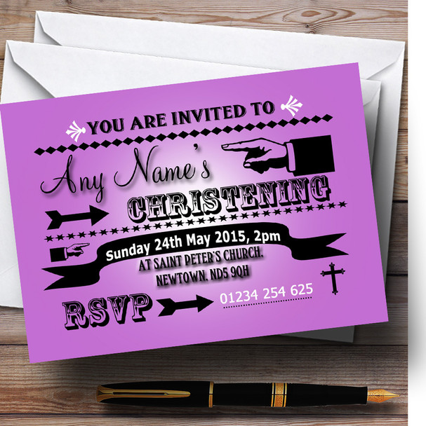 Purple Typography Word Art Vintage Christening Party Personalised Invitations