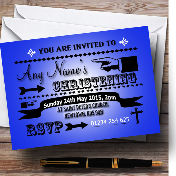 Royal Blue Typography Word Art Vintage Christening Party Personalised Invitations