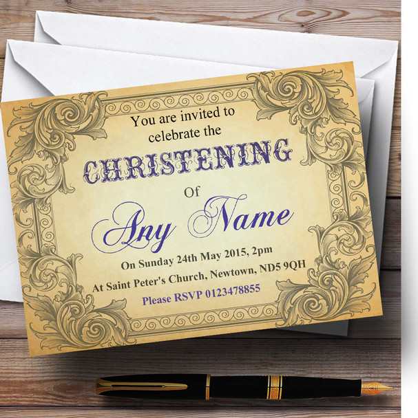 Typography Vintage Blue Postcard Christening Party Personalised Invitations
