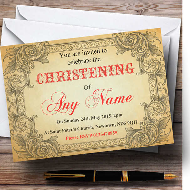 Typography Vintage Red Postcard Christening Party Personalised Invitations