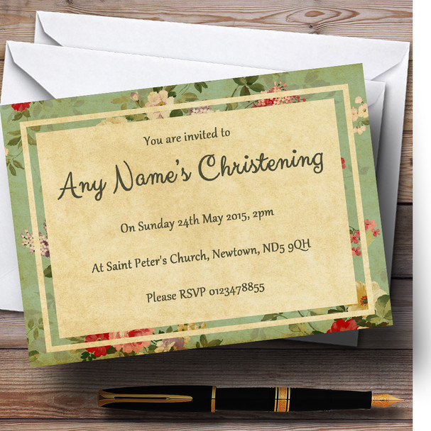 Vintage Shabby Chic Postcard Style Christening Party Personalised Invitations