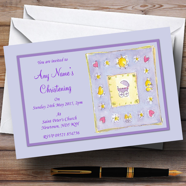 Adorable Lilac Purple Cute Christening Party Personalised Invitations