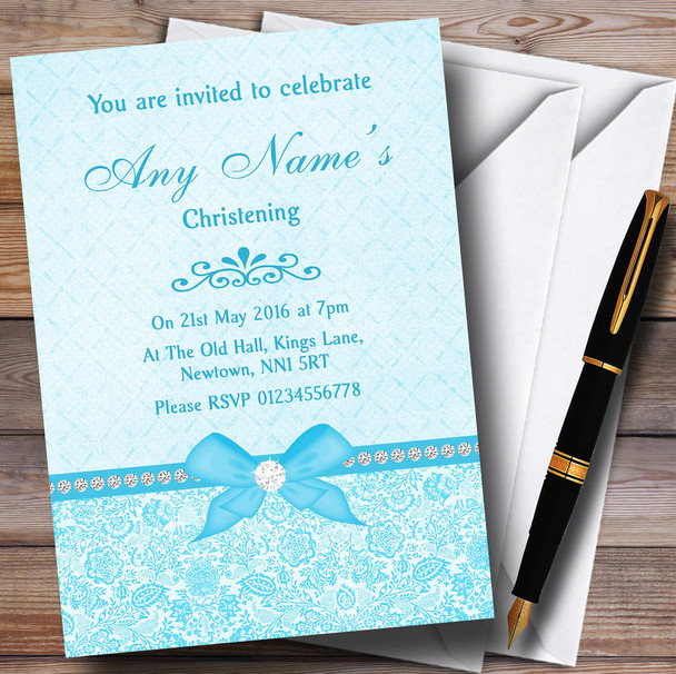 Pretty Floral Vintage Bow & Diamante Aqua Sky Blue Personalised Christening Invitations