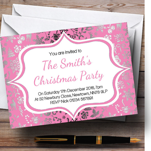 Baby Pink & Silver Classique Personalised Christmas Party Invitations