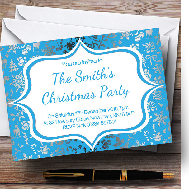 Light Blue & Silver Classique Personalised Christmas Party Invitations