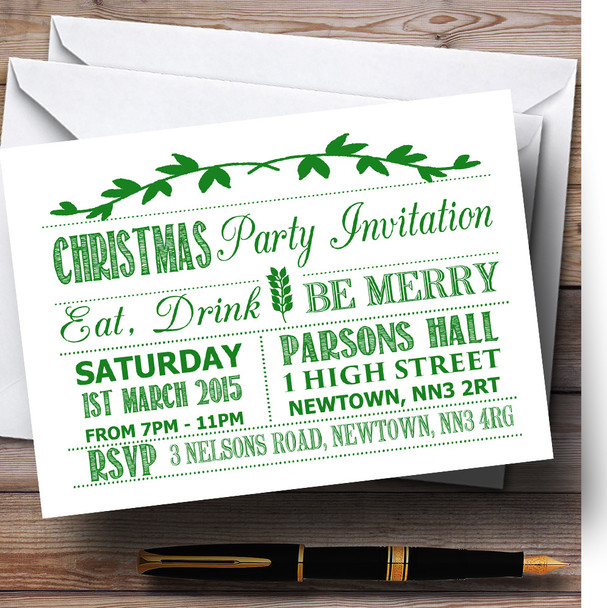 Old Vintage Green & Red Personalised Christmas Party Invitations