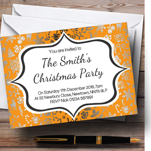 Orange & Silver Classique Personalised Christmas Party Invitations