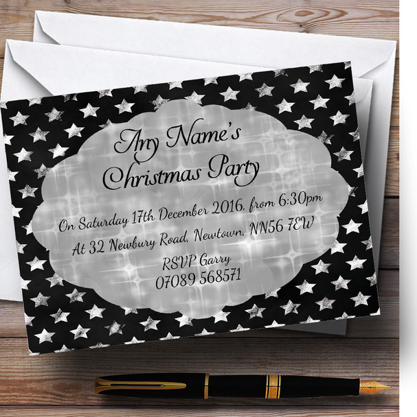 Black Silver Stars Personalised Christmas Party Invitations