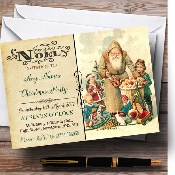 Noel Vintage Postcard Santa Scene Personalised Christmas Party Invitations