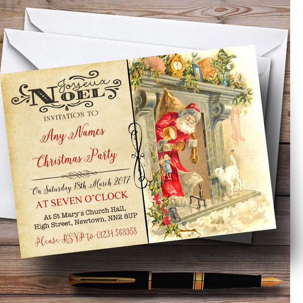 Joyeux Noel Vintage Postcard Santa Personalised Christmas Party Invitations