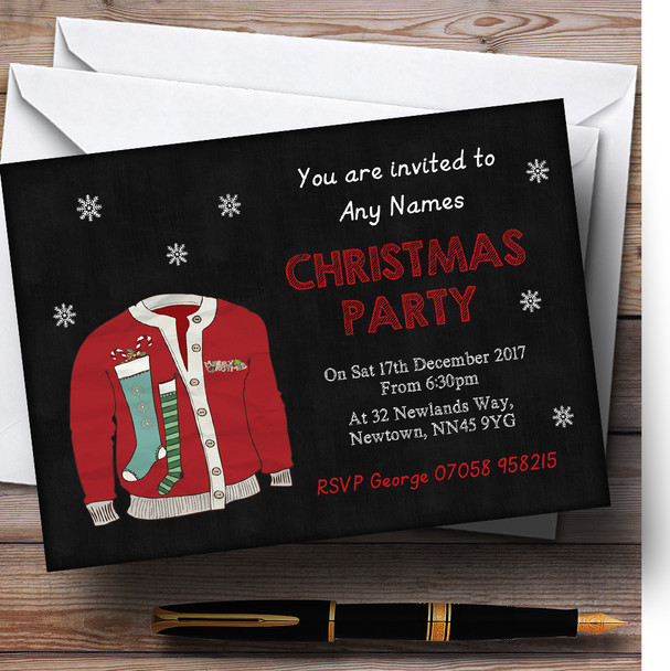 Red Xmas Jumper Chalk Effect Personalised Christmas Party Invitations