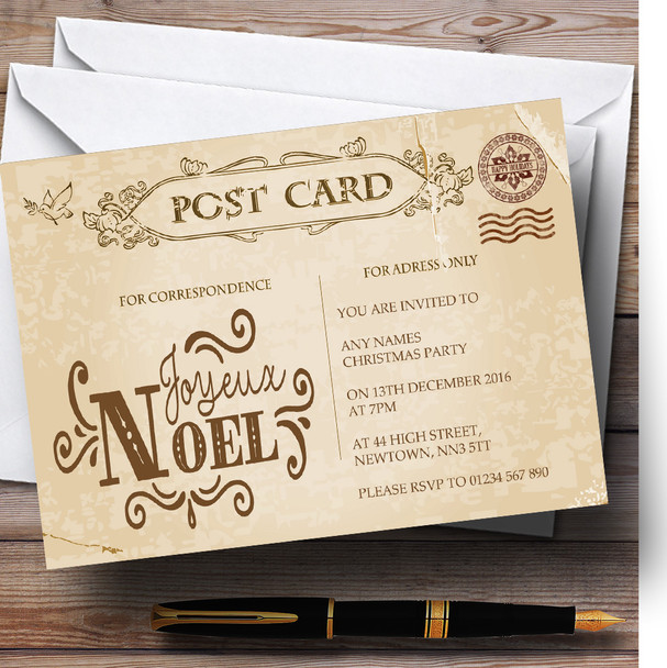 Rustic Vintage Postcard Noel Personalised Christmas Party Invitations