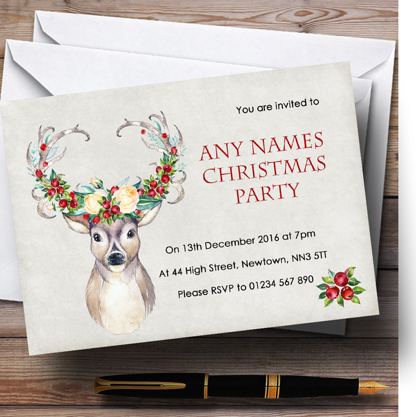 Watercolour Vintage Reindeer Stag Personalised Christmas Party Invitations