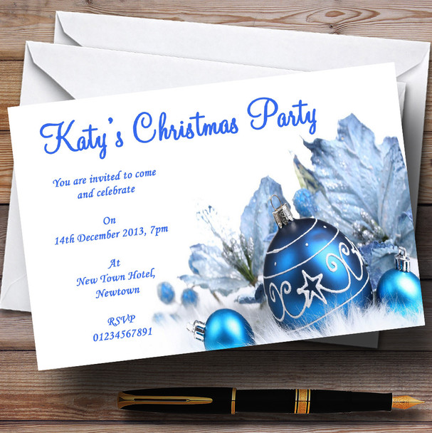 White & Blue Baubles Personalised Christmas Party Invitations