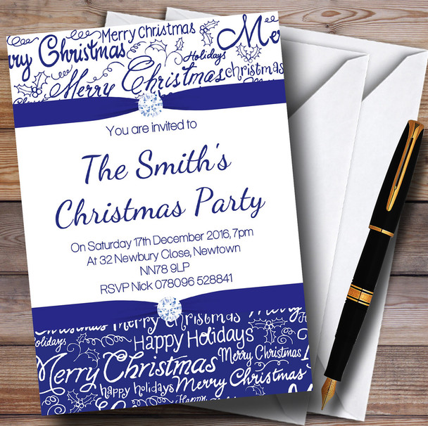 Blue and White Merry Xmas Personalised Christmas Party Invitations