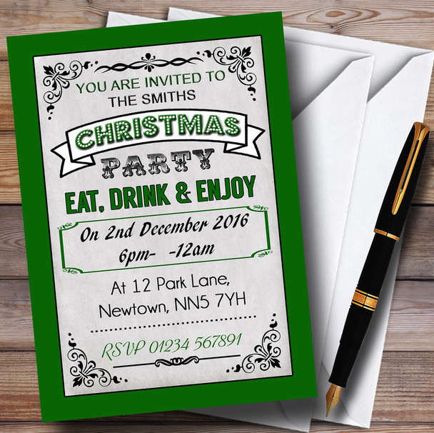 Green Vintage Carnival Personalised Christmas Party Invitations