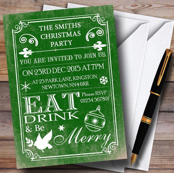 Old Vintage Eat Drink Be Merry Green Personalised Christmas Party Invitations