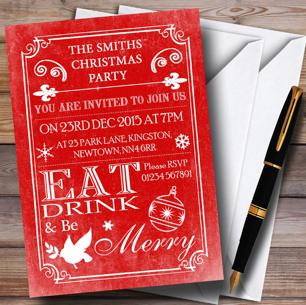Old Vintage Eat Drink Be Merry Red Personalised Christmas Party Invitations