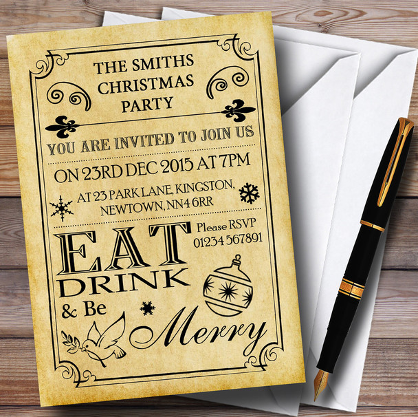 Old Vintage Eat Drink Be Merry Personalised Christmas Party Invitations