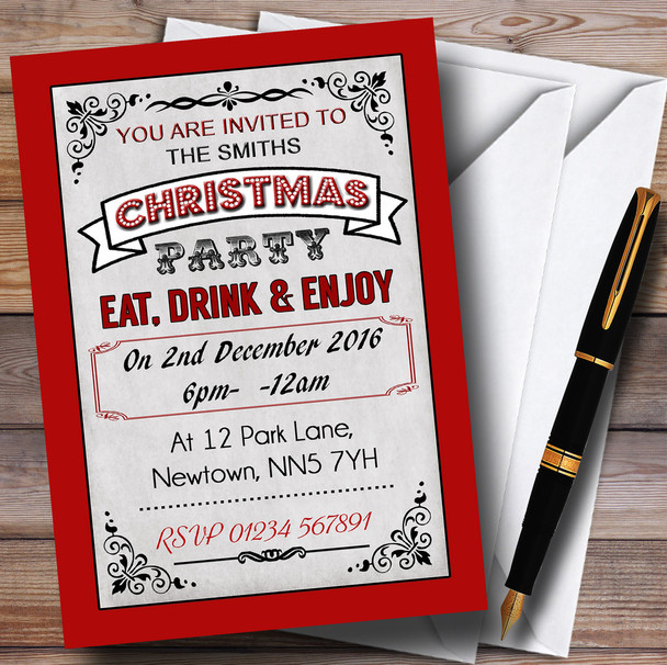 Red Vintage Carnival Personalised Christmas Party Invitations