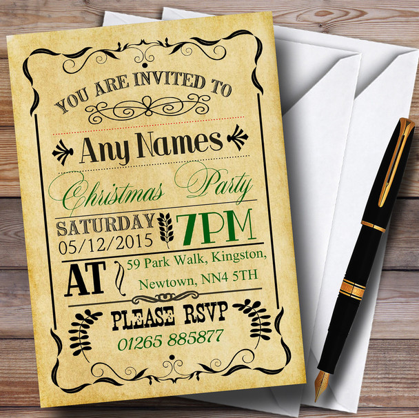 Vintage Old Style Green And Black Personalised Christmas Party Invitations