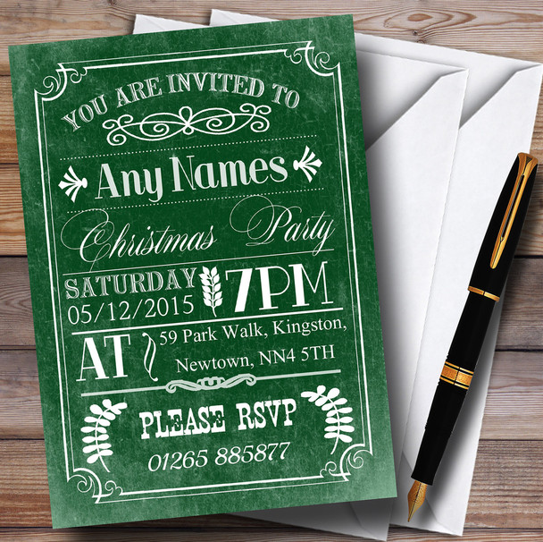 Vintage Retro Green Personalised Christmas Party Invitations