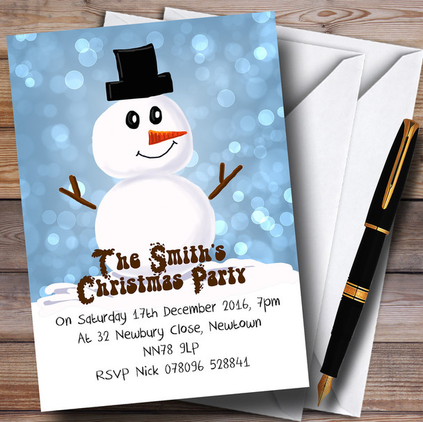 Cute Snowman Blue Personalised Christmas Party Invitations