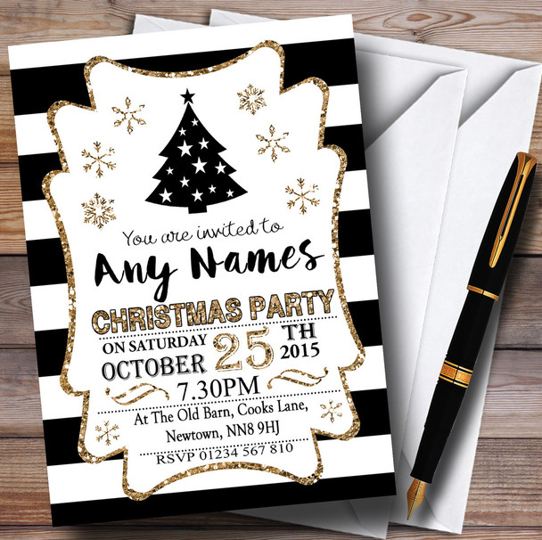 Black & White Stripes With Bronze Personalised Christmas Party Invitations