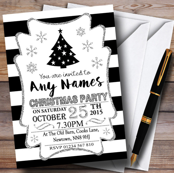 Black & White Stripes With Silver Personalised Christmas Party Invitations