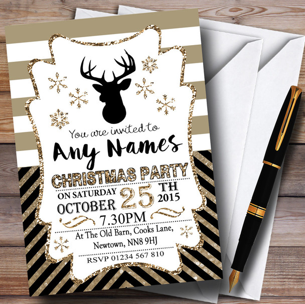 Black Stripes & Bronze Chevrons Personalised Christmas Party Invitations