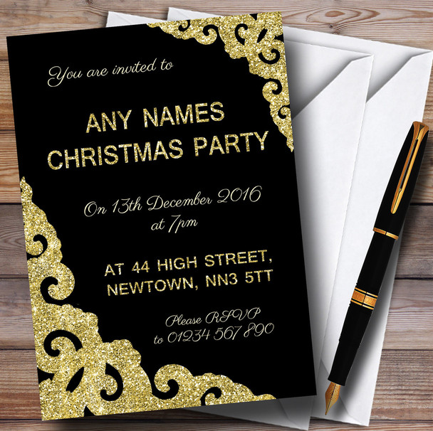 Black With Gold Border Personalised Christmas Party Invitations