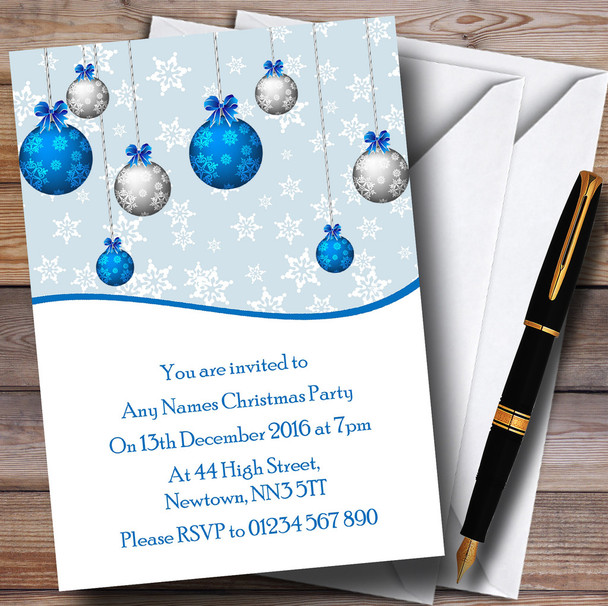 Blue Hanging Baubles & Snowflakes Personalised Christmas Party Invitations