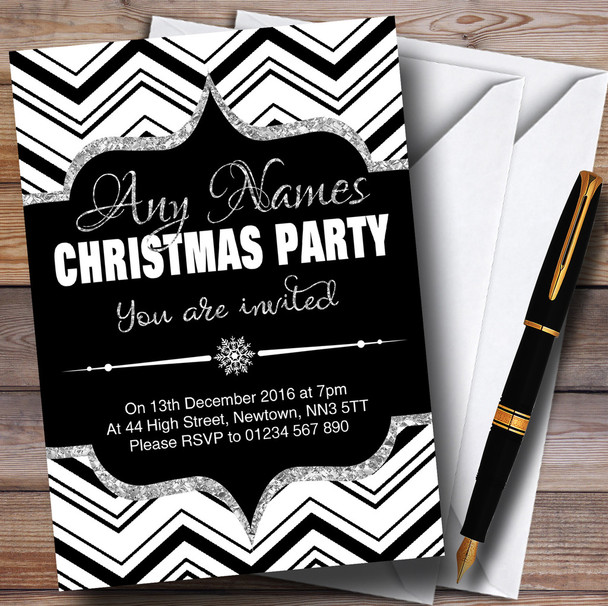 Chevrons Black White and Silver Personalised Christmas Party Invitations