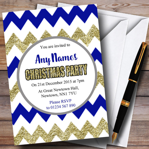 Chevrons Blue & Gold Personalised Christmas Party Invitations