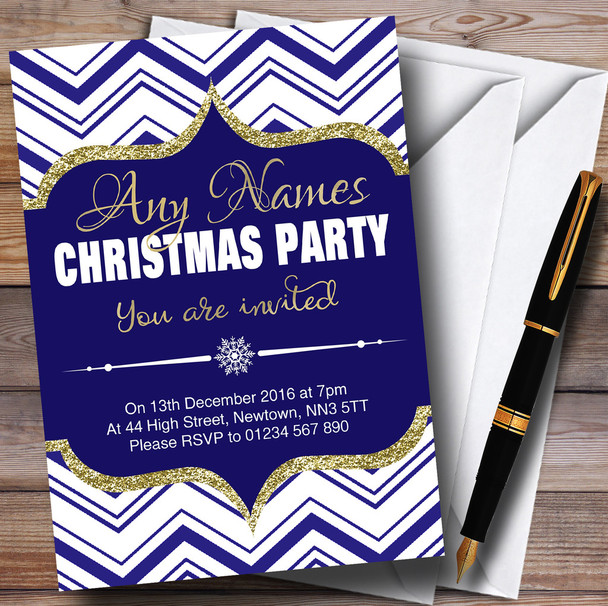 Chevrons Blue White & Gold Personalised Christmas Party Invitations