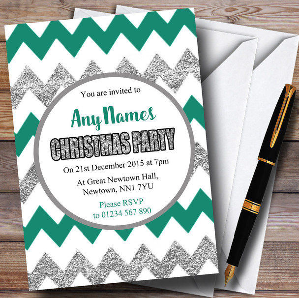 Chevrons Green & Silver Personalised Christmas Party Invitations