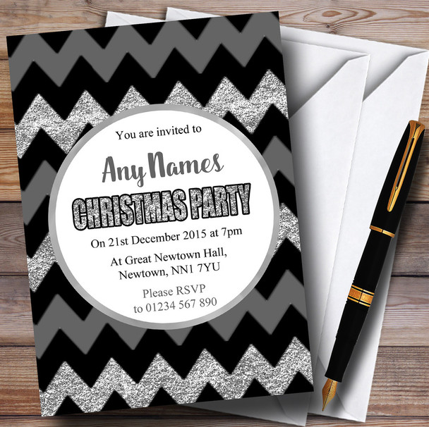 Chevrons Grey Black & Silver Personalised Christmas Party Invitations