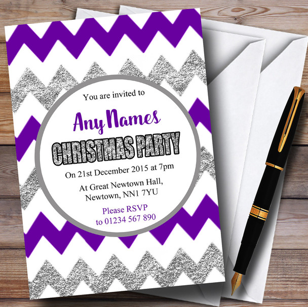 Chevrons Purple & Silver Personalised Christmas Party Invitations