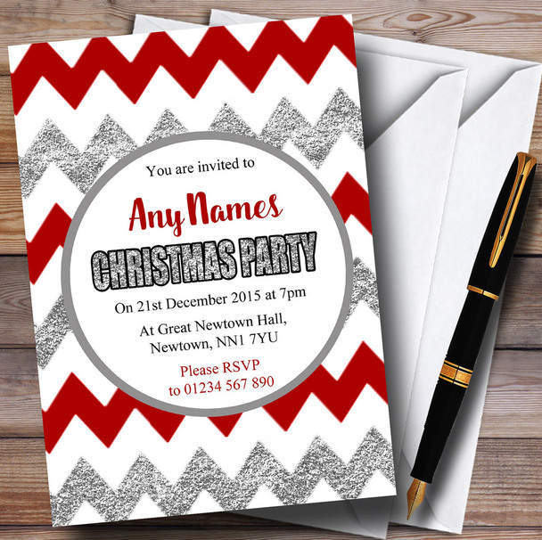 Chevrons Red & Silver Personalised Christmas Party Invitations