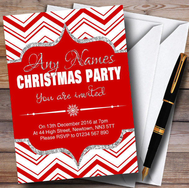 Chevrons Red White & Silver Personalised Christmas Party Invitations