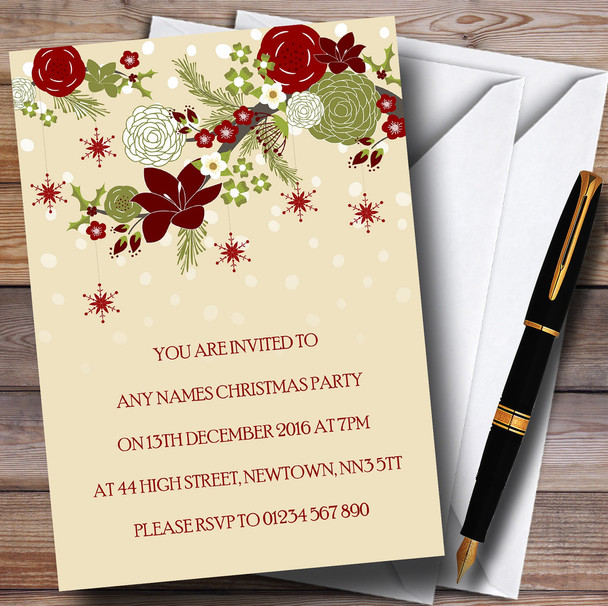 Cream Xmas Flowers Personalised Christmas Party Invitations